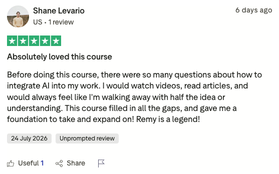 Shane Levario five-star Trustpilot review: Absolutely loved this course